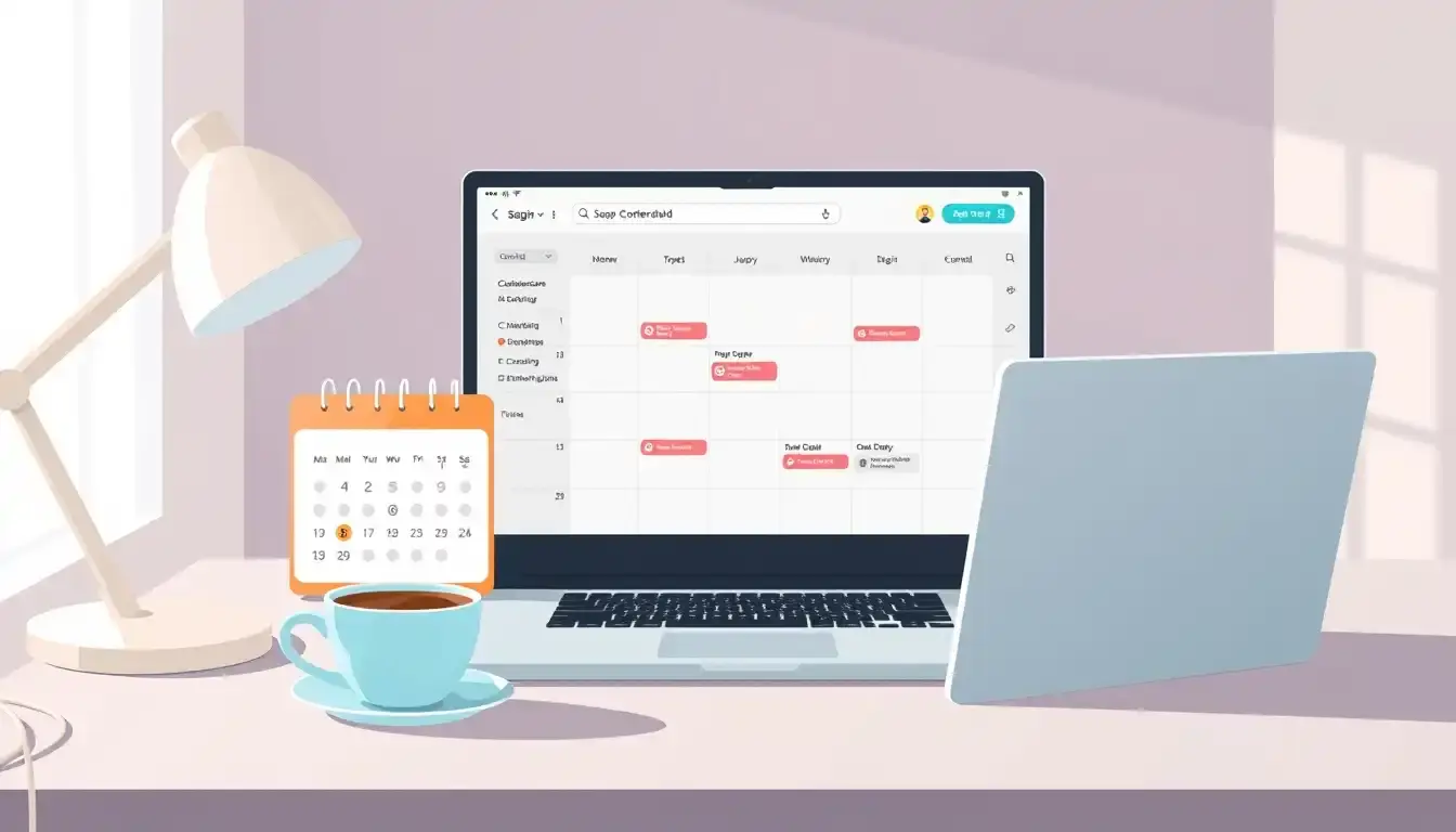 Moderner Schreibtisch mit Kalender und Laptop zur Planung der Arbeitstage