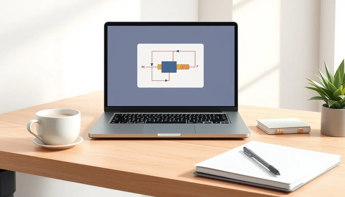 Laptop zeigt ein Diagramm zur Berechnung des Widerstandes auf einem hellen Schreibtisch
