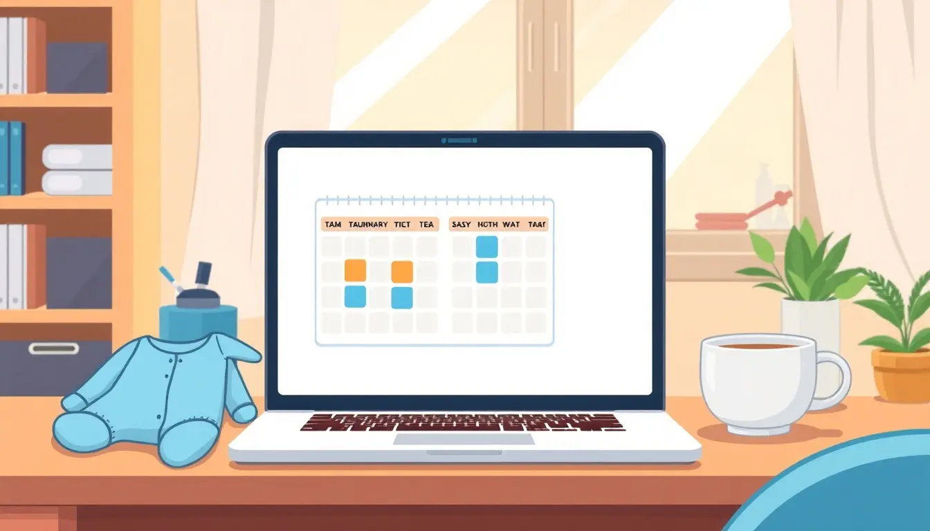 Laptop auf Schreibtisch zeigt Kalender für die Berechnung Mutterschutz neben Babykleidung.
