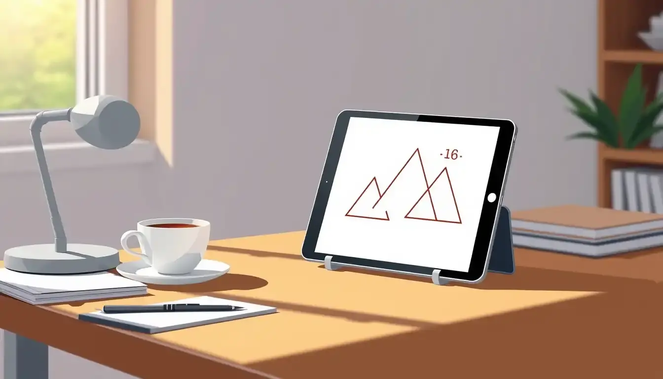 Tablet zeigt geometrische Dreiecksskizzen auf einem aufgeräumten Schreibtisch mit Kaffee.