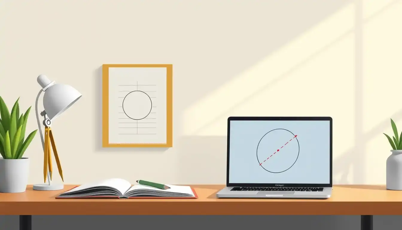 Geometrie-Arbeitsplatz mit Zirkel und Laptop zur Berechnung von Kreismaßen