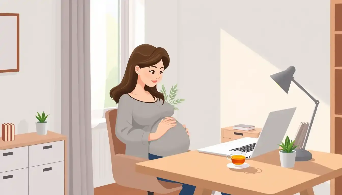 Schwangere Frau am Schreibtisch nutzt einen digitalen Guide zum SSW berechnen.