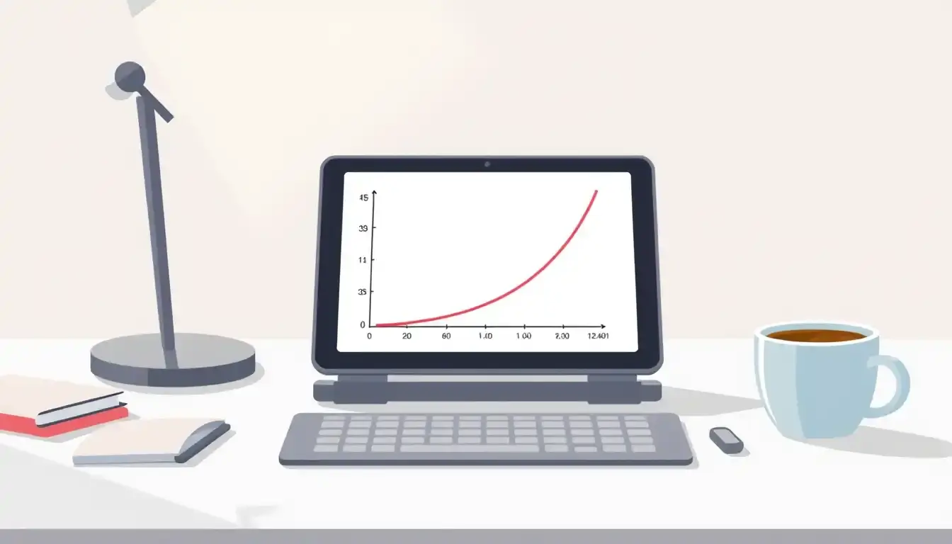 Ein Tablet zeigt eine mathematische Parabel mit markierten Extrempunkten auf einem modernen Schreibtisch.