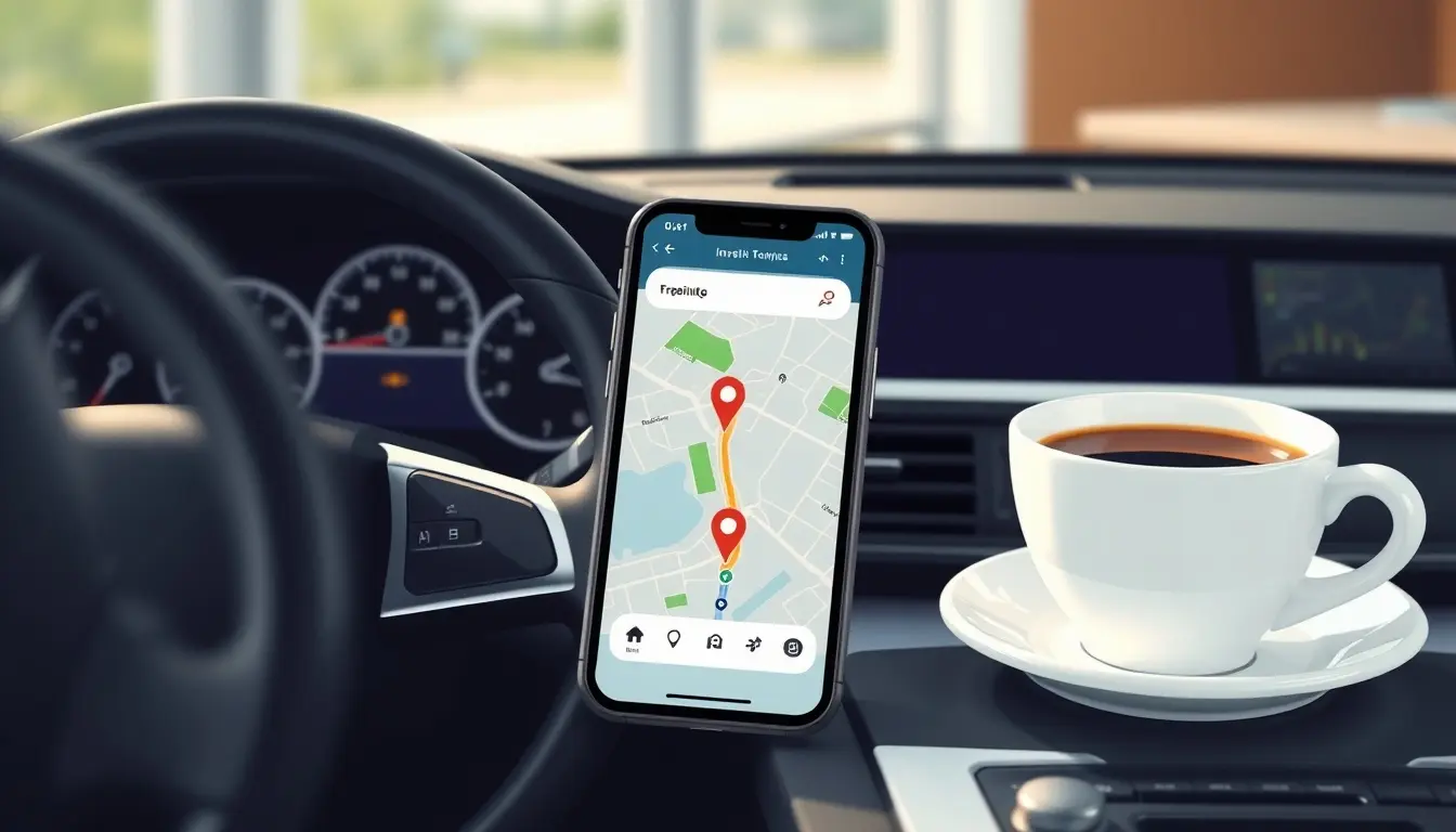 Smartphone auf Schreibtisch zeigt Route zum Fahrtkosten berechnen