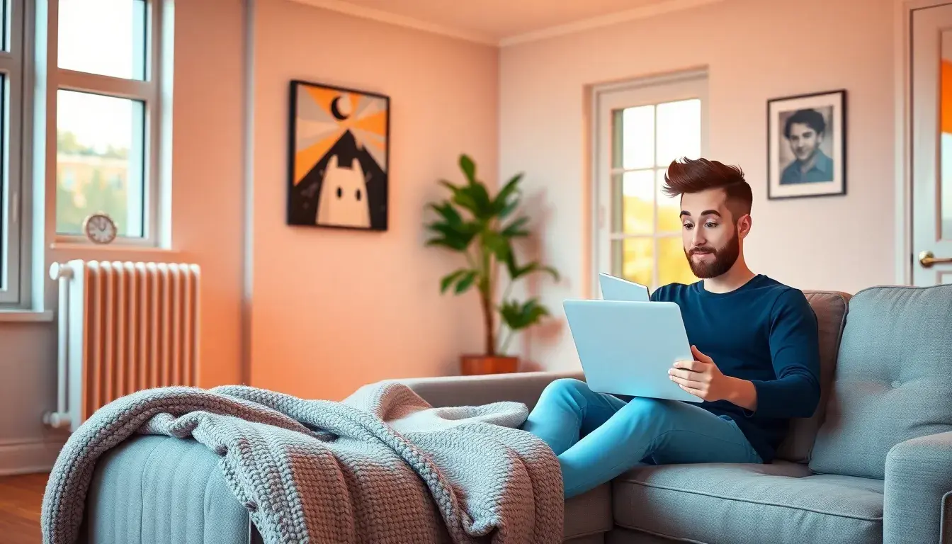 Gemütliches Wohnzimmer mit Heizkörper und Person am Laptop zum Thema Heizkosten berechnen
