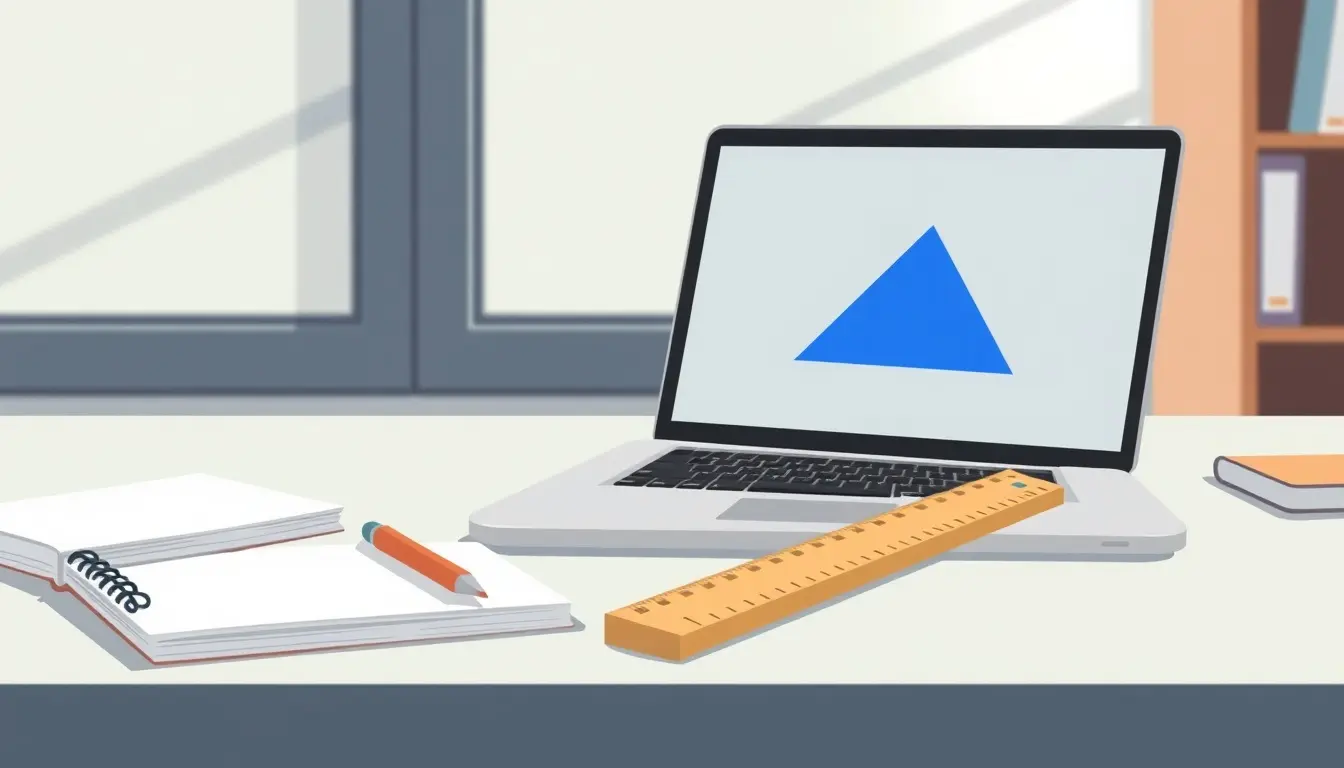 Geometrie-Diagramm eines Dreiecks mit markierter Höhe auf einem Laptop-Bildschirm am Arbeitsplatz.