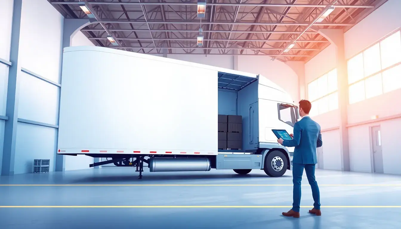 Logistikplaner berechnet Lademeter für einen LKW in einer modernen Lagerhalle