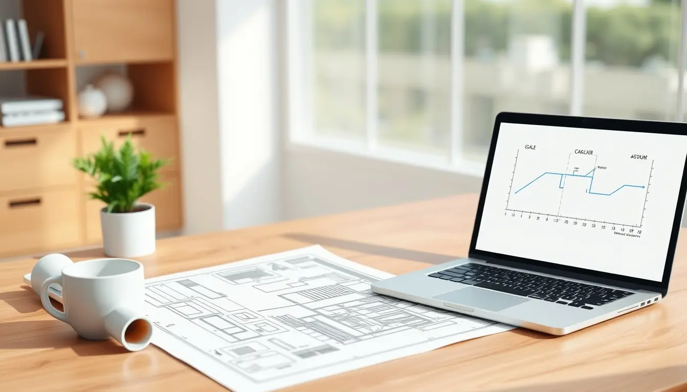 Architekturplan mit Lineal und Laptop für Masschtab berechnen Aufgaben