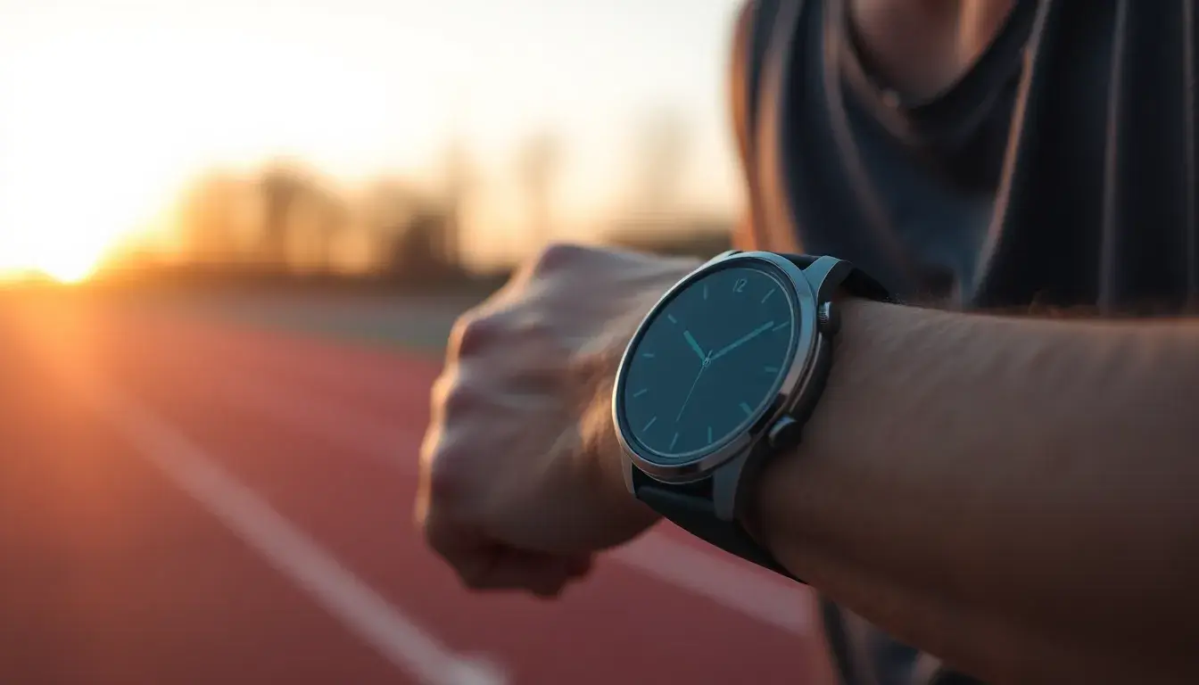 Moderner Laufcomputer am Handgelenk eines Joggers zur Pace-Messung