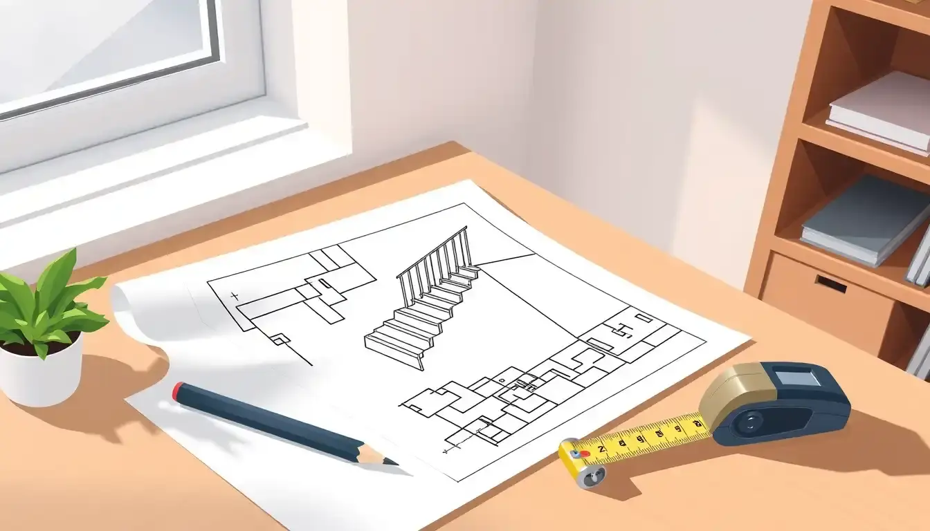 Architekturzeichnung einer Treppe auf einem Schreibtisch mit Maßband.