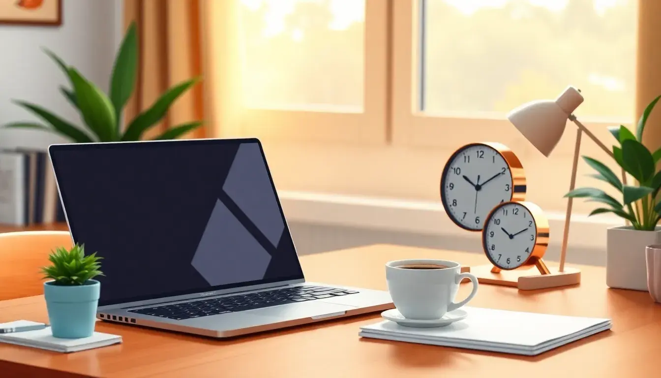 Schreibtisch mit Laptop, Kaffeetasse und Uhr zum Thema Zeit berechnen.