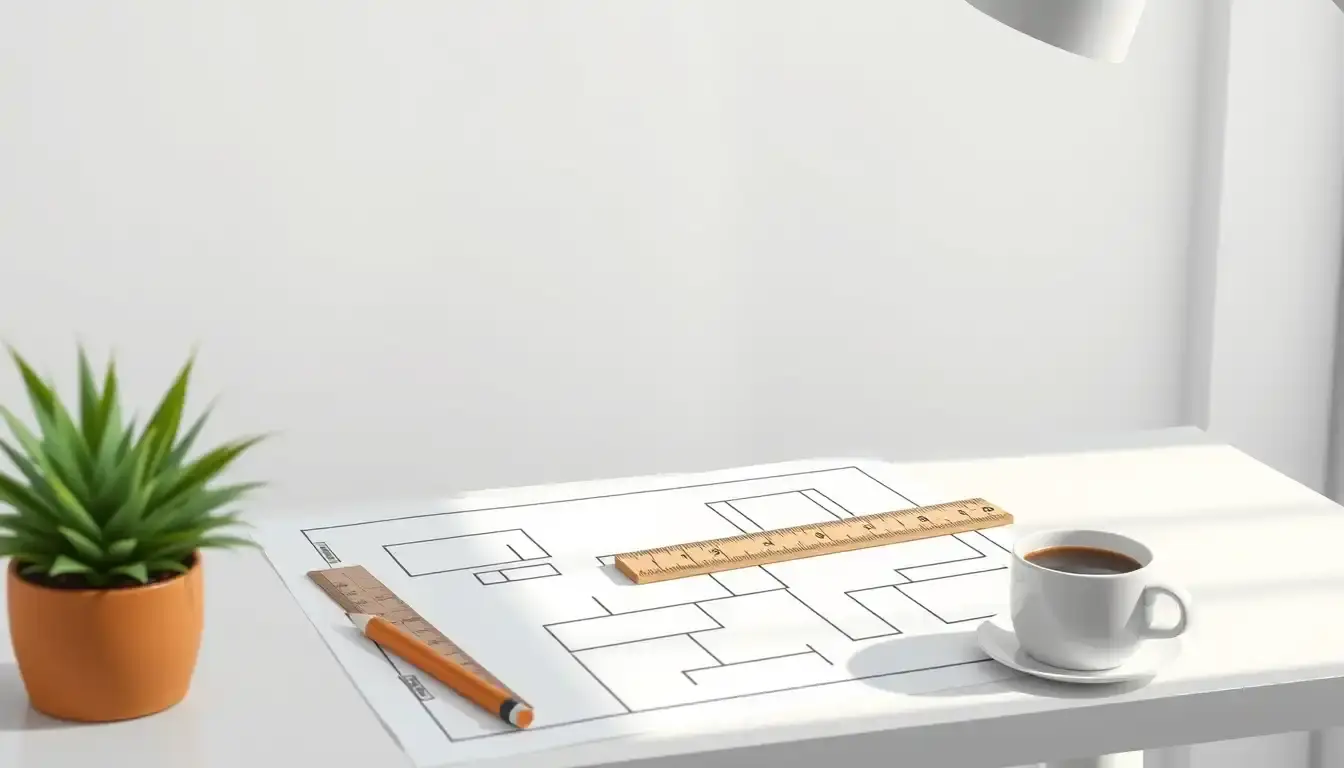 Grundriss und Zollstock auf einem Tisch zur Berechnung von Quadratmetern