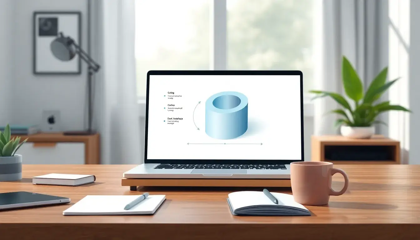 3D Zylinder Diagramm auf einem Laptop in einem modernen Büro
