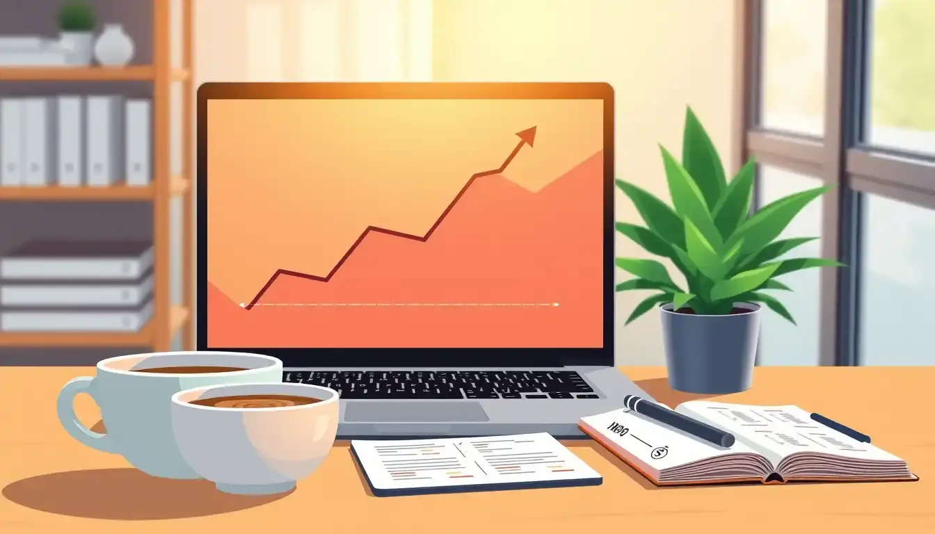 Moderner Arbeitsplatz mit Laptop und Finanzgrafiken zur Berechnung Abfindung