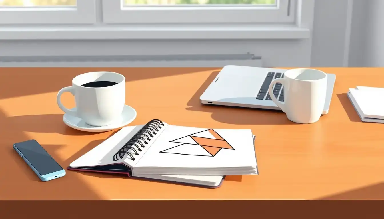 Notizbuch mit geometrischen Zeichnungen zur Berechnung der Höhe eines Dreiecks auf einem Schreibtisch.