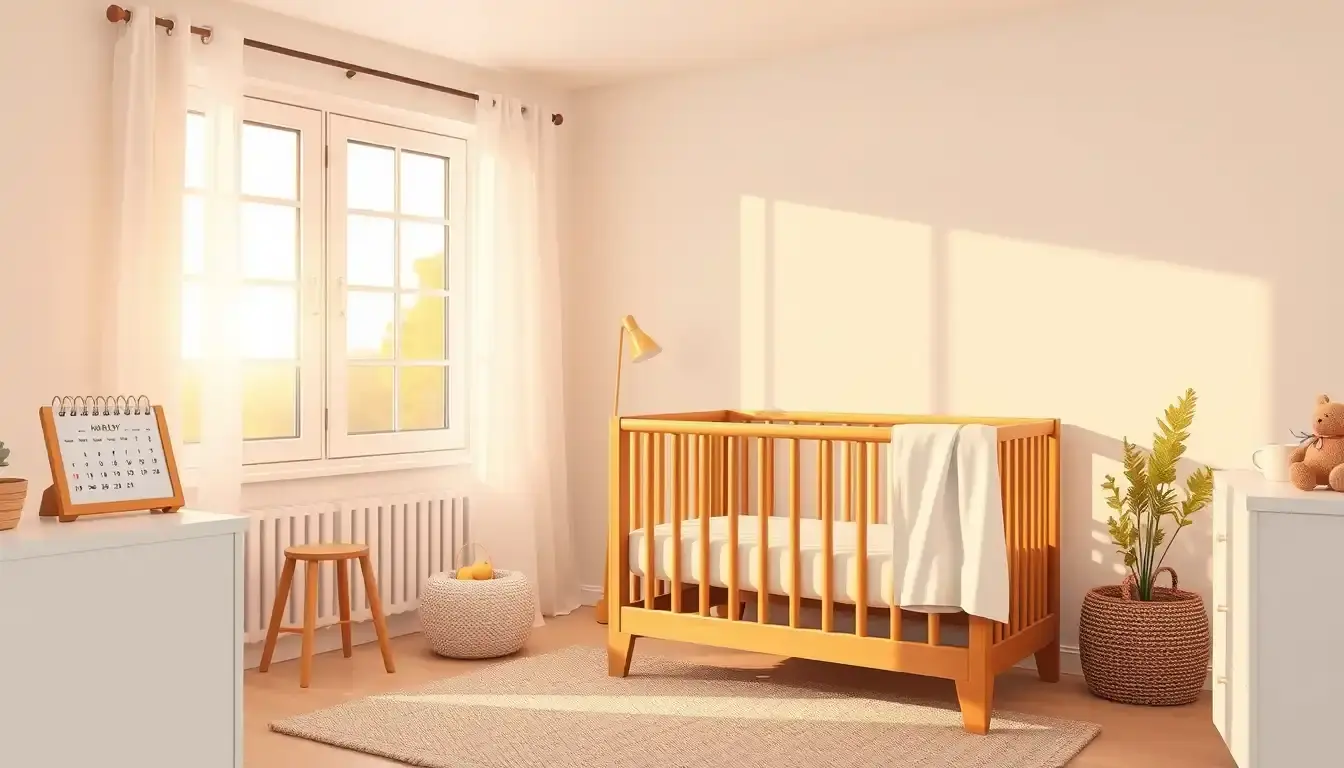 Helles Kinderzimmer mit Holzbettchen und Kalender für die Geburtsplanung