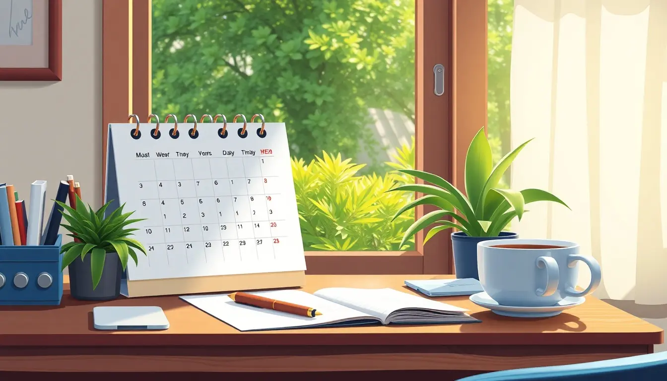Schreibtisch mit Kalender und Kaffee zur Planung der Berechnung Urlaubstage