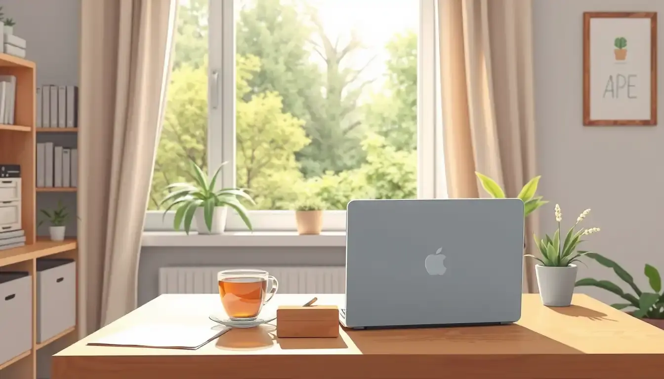 Schreibtisch mit Laptop und Tee zur Planung der Finanzen bei Krankheit