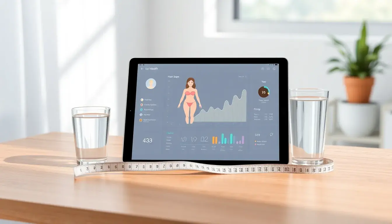 Tablet zeigt Gesundheitsdaten und Body Roundness Index Visualisierung auf Holzschreibtisch