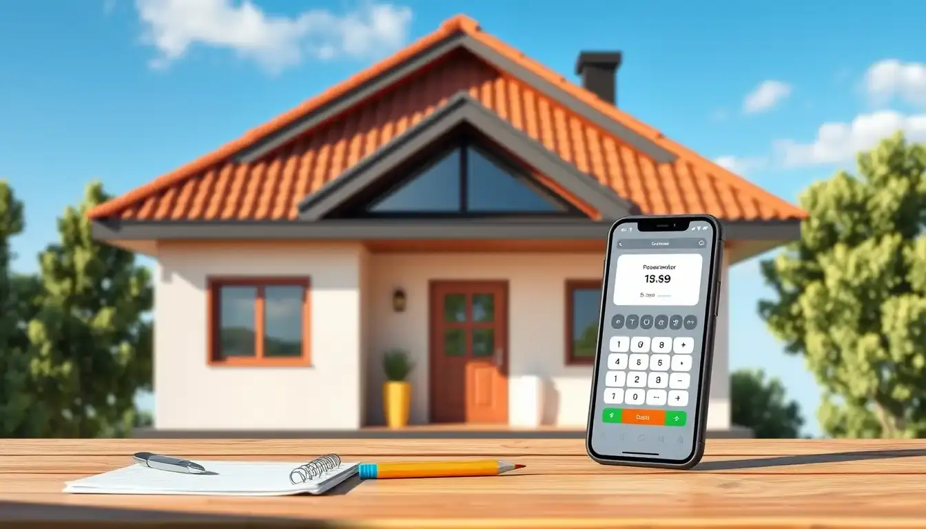 Moderne Hausansicht mit Fokus auf Dachstruktur und Planungshilfe auf Smartphone
