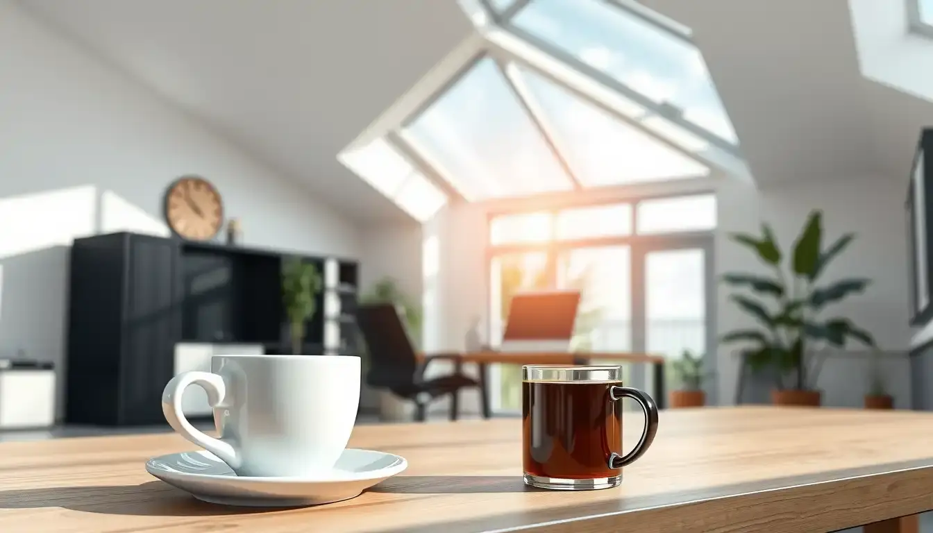 Bauplanung am Tablet mit Fokus auf die Dachkonstruktion eines modernen Hauses