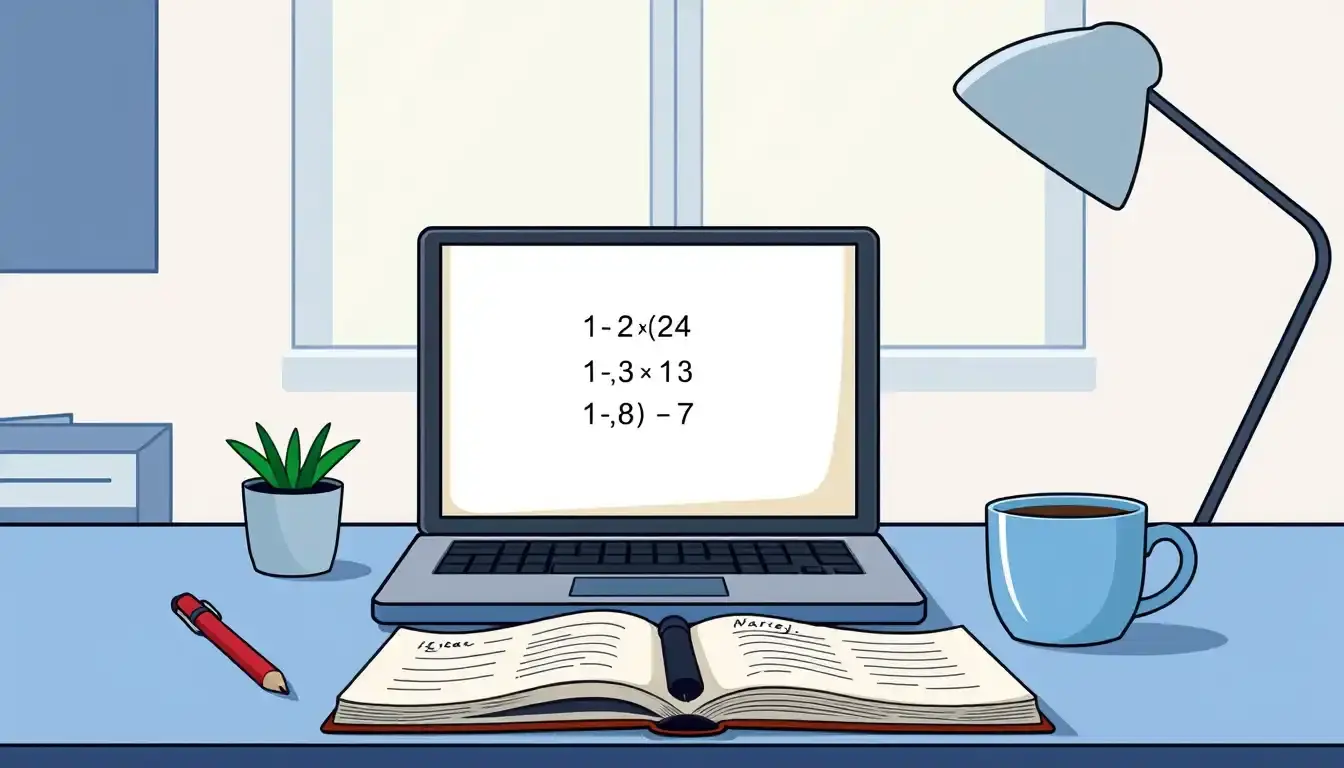 Ein minimalistischer Arbeitsplatz mit Laptop und mathematischen Notizen zur Determinantenberechnung