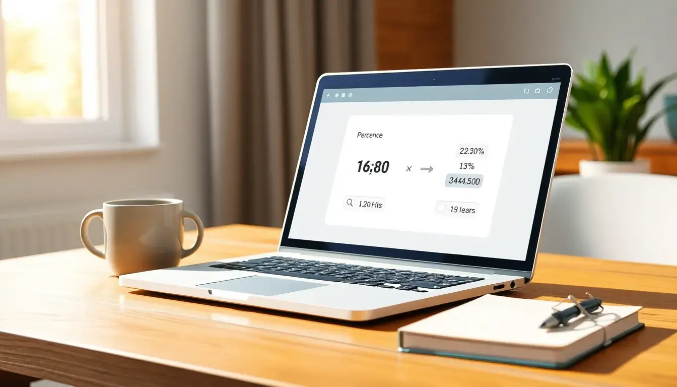 Nahaufnahme eines Laptops mit Dreisatz Prozent Berechnung auf einem Schreibtisch