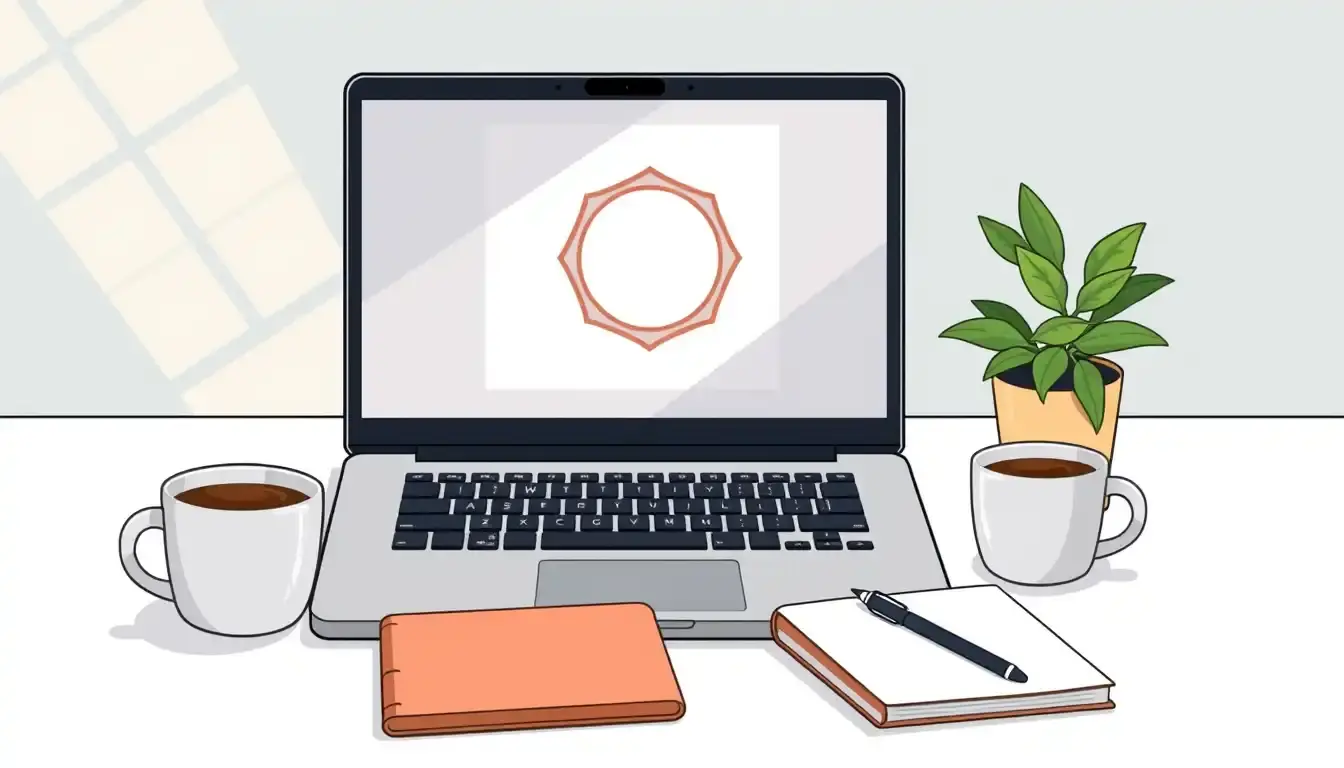 Minimalistischer Arbeitsplatz mit Laptop und Geometrie-Grafik für Kreisberechnungen