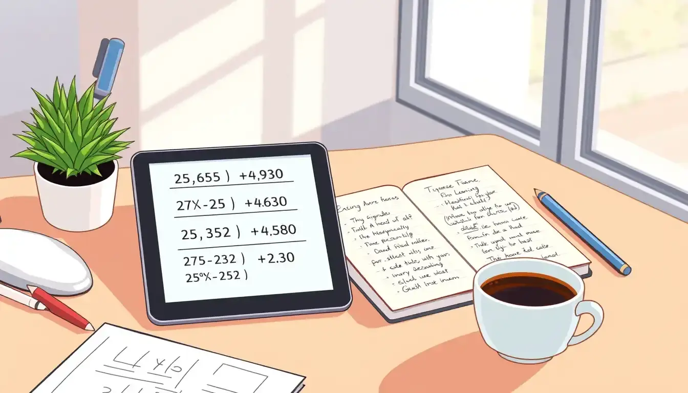 Tablet zeigt Formel Prozentrechnung neben Notizbuch und Kaffee auf modernem Schreibtisch.