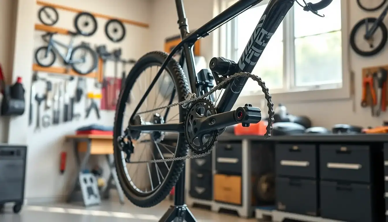 Fahrradkette auf Zahnkränzen in einer modernen Werkstatt zur Kettenlänge berechnen.