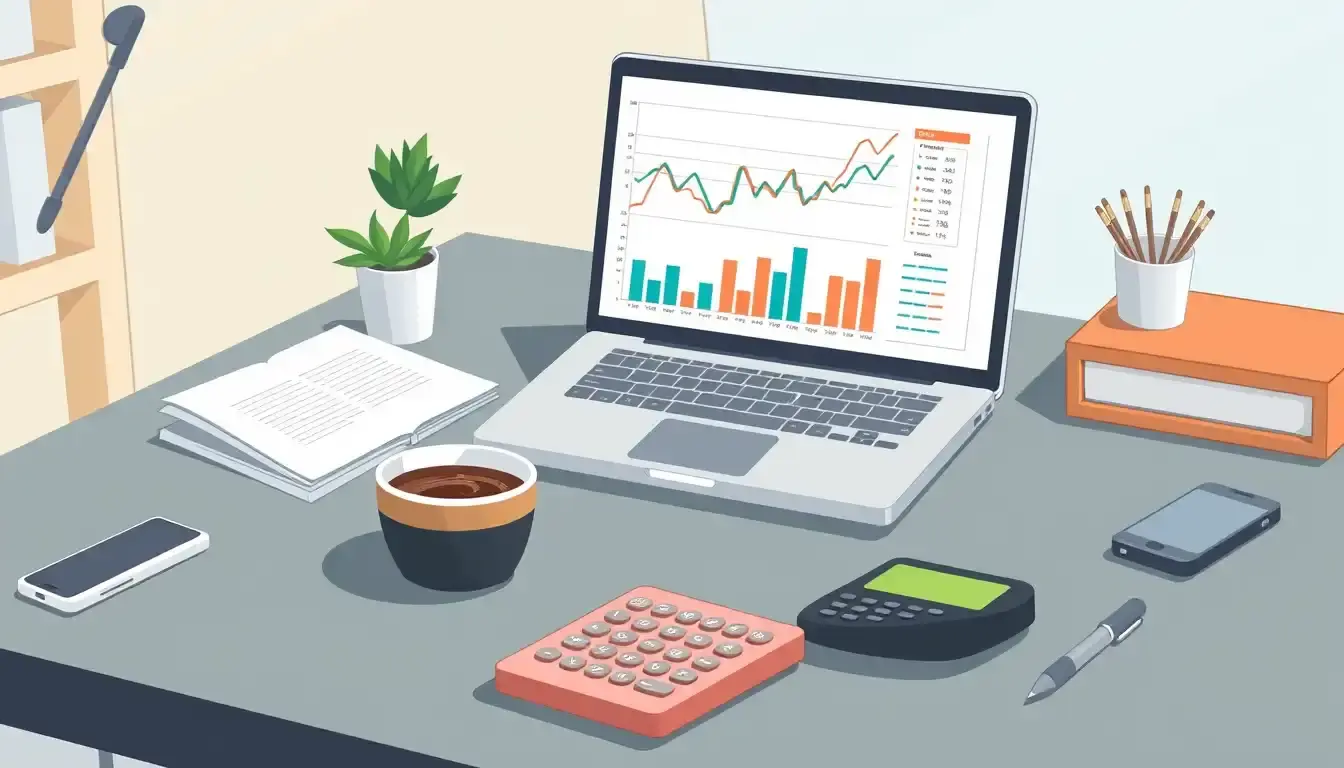 Laptop auf Schreibtisch zeigt Finanzdaten zum Thema Krankenkassenbeitrag berechnen