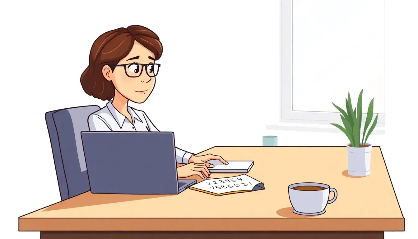 Lehrkraft am Schreibtisch beim Notenschlüssel berechnen am Laptop mit Kaffee