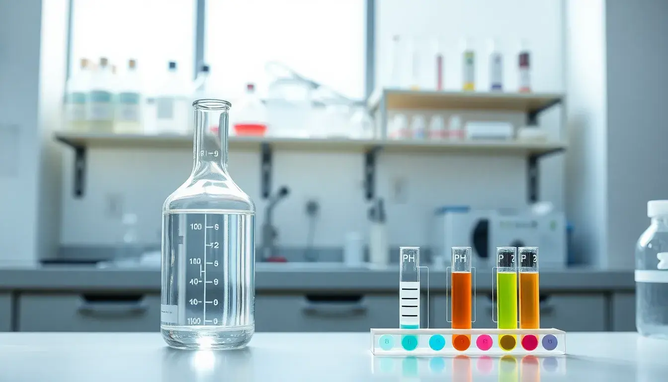 Laborarbeitsplatz mit pH-Teststreifen und Flüssigkeit zur pH-Wert Bestimmung