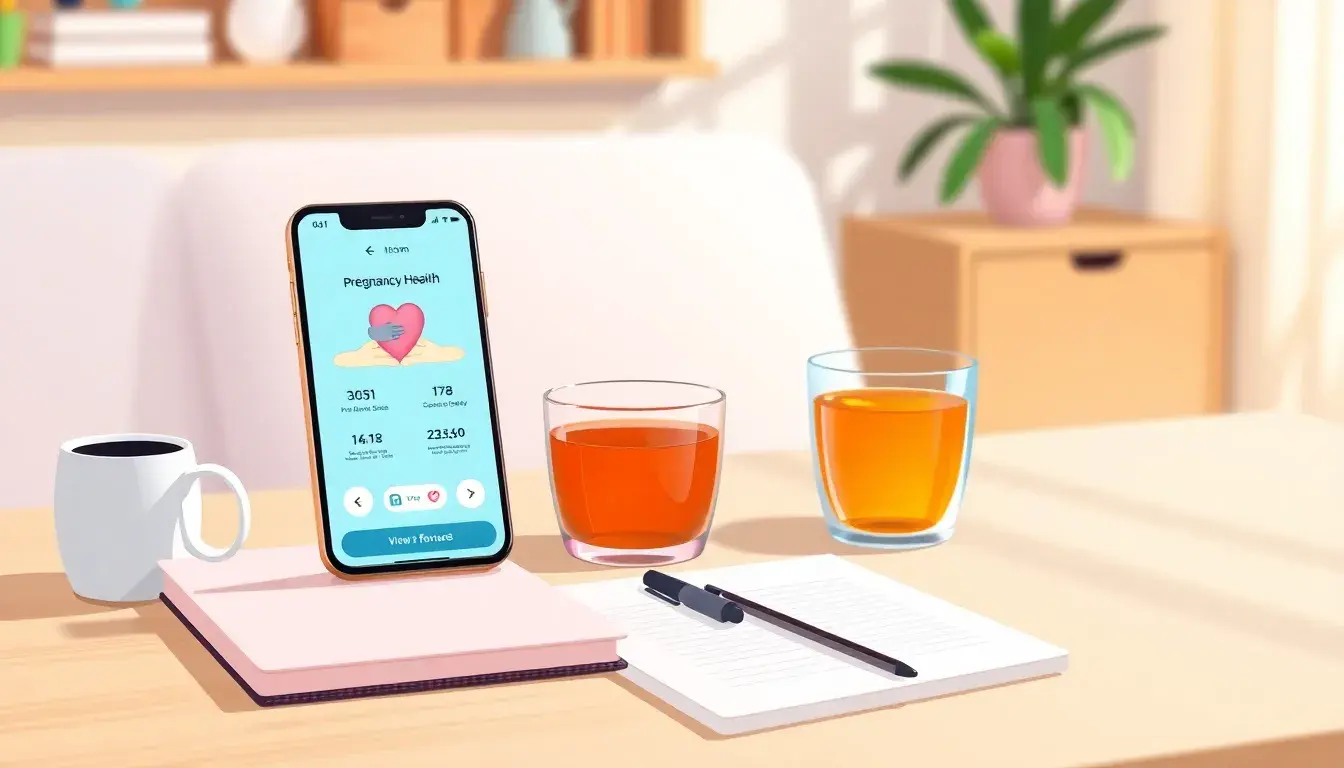 Smartphone auf Schreibtisch zeigt Interface zum Schwangerschaft berechnen in hellem Raum