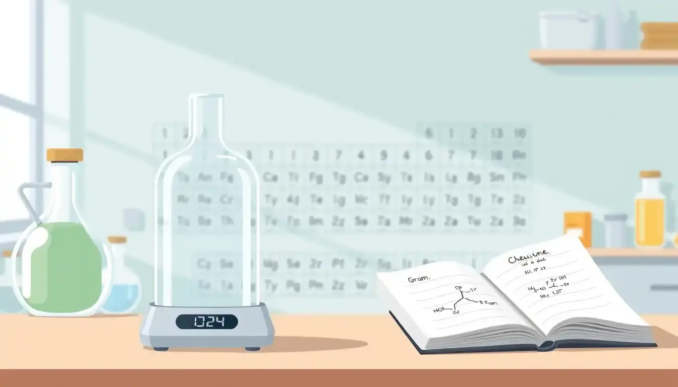 Digitalwaage in einem Chemielabor zeigt Gramm für die Stoffmenge berechnen