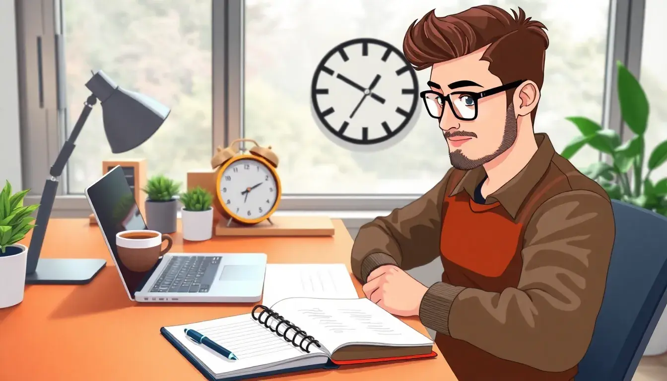 Moderner Schreibtisch mit Laptop und Uhr zur Zeitplanung