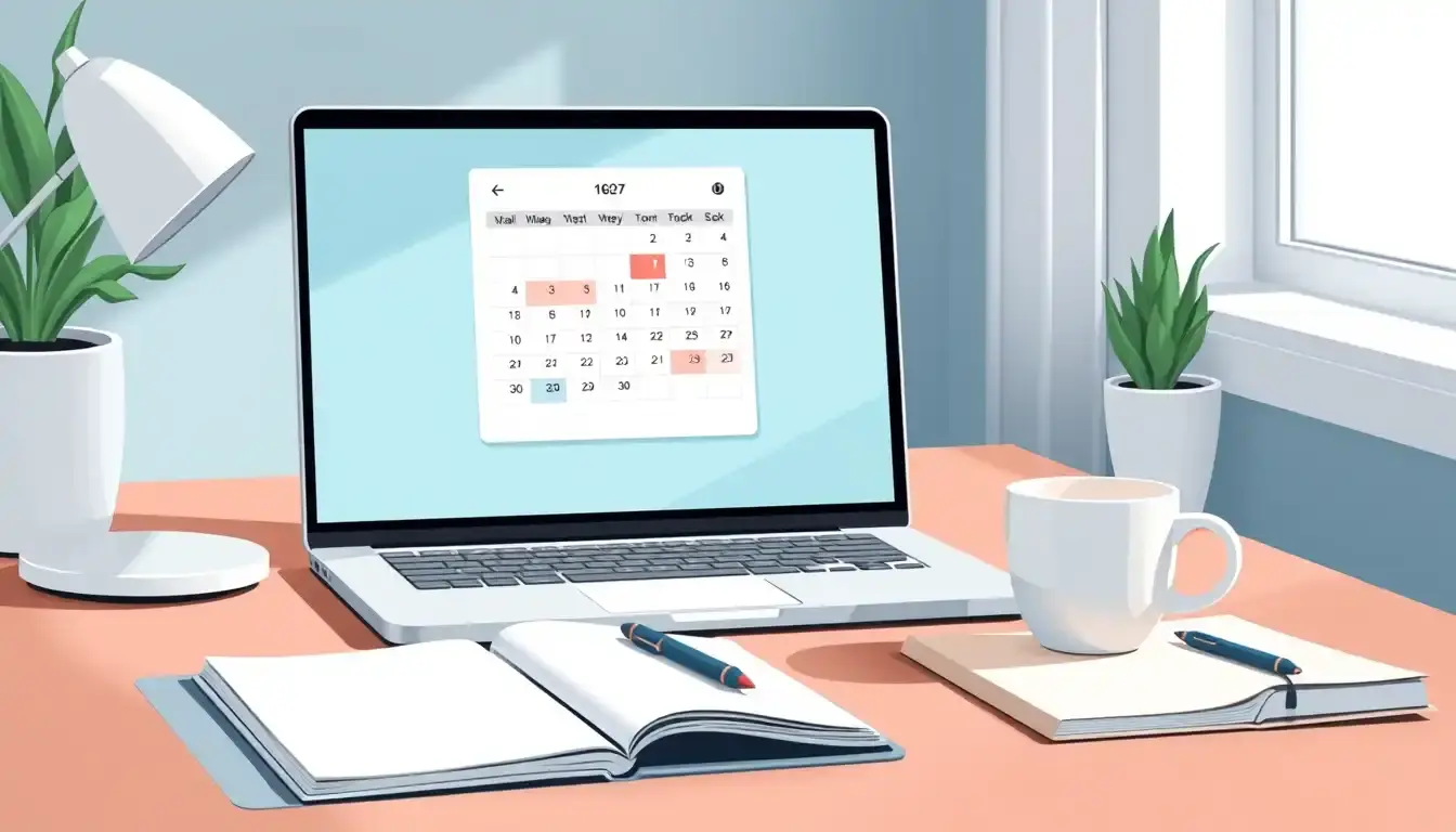 Moderner Laptop mit Kalender auf Schreibtisch für Tage von bis berechnen