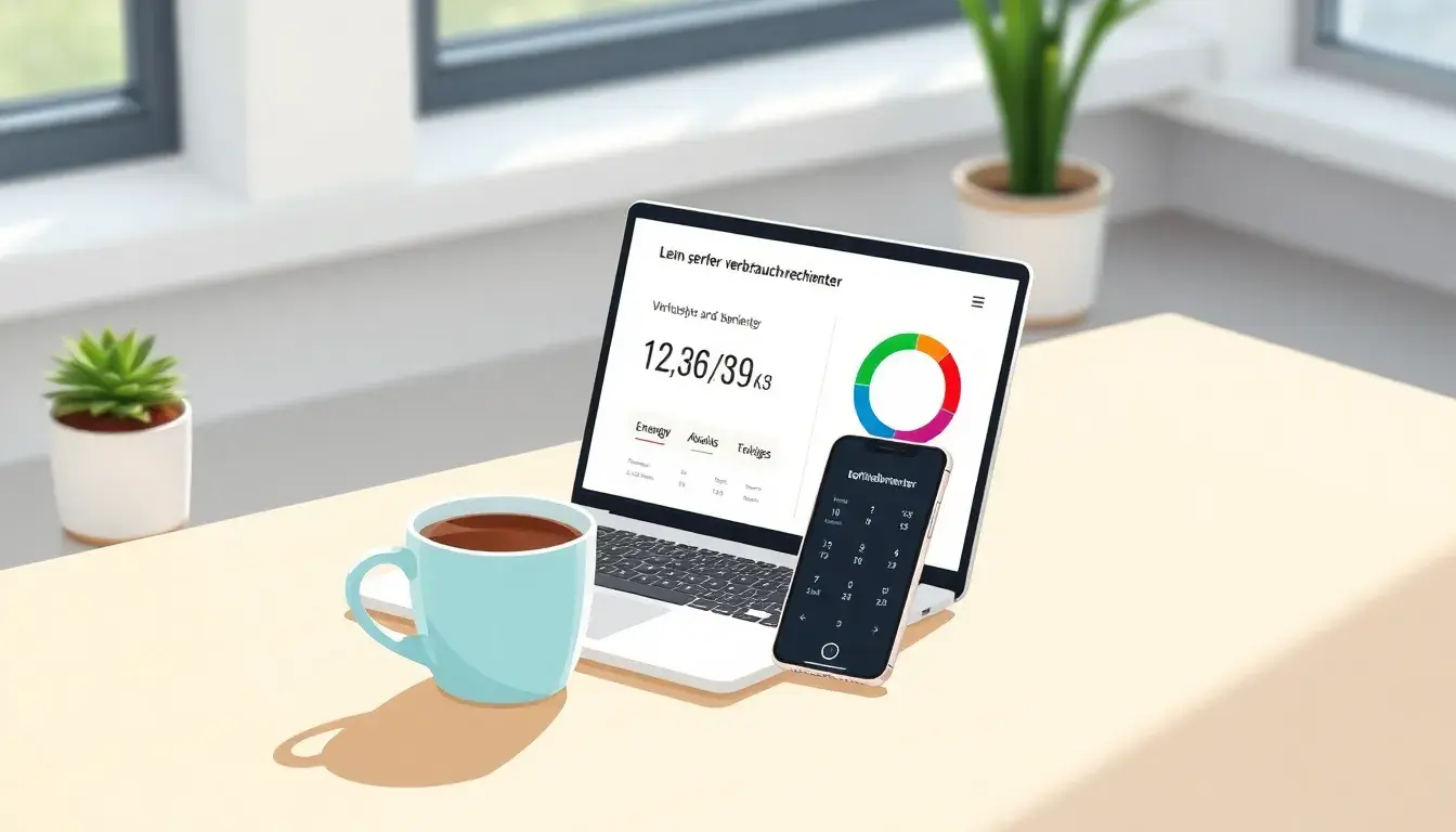 Smartphone zeigt Dashboard zum Verbrauch berechnen neben Kaffee und Laptop