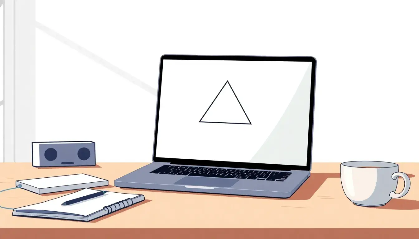 Moderner Arbeitsplatz mit Laptop und geometrischer Dreiecksskizze auf dem Bildschirm