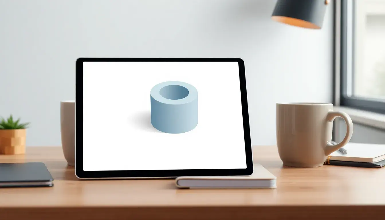 Moderner Arbeitsplatz mit Tablet und 3D Zylinder Volumen Diagramm