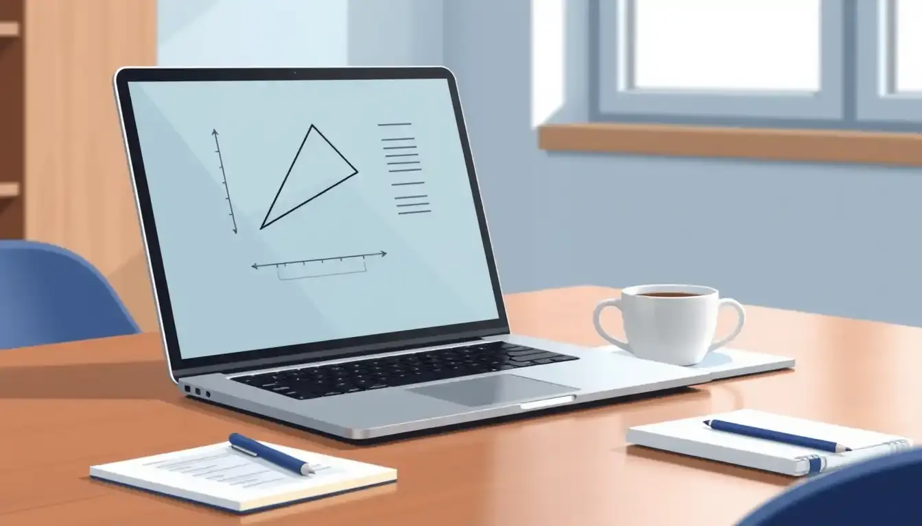 Laptop auf Schreibtisch zeigt Geometrie Diagramm für Umfang und Durchmesser Berechnung