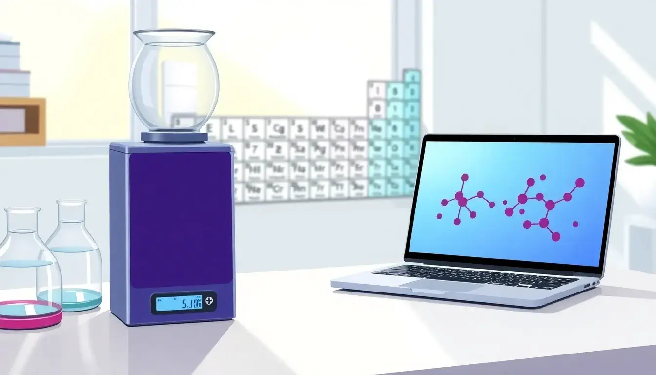 Periodensystem und Laborwaage zum Berechnen der Stoffmenge in der Chemie
