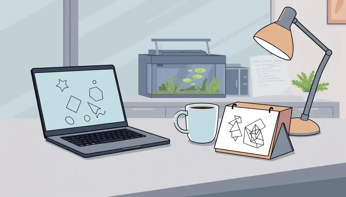Laptop auf Schreibtisch neben Skizzen zur Berechnung von Litern