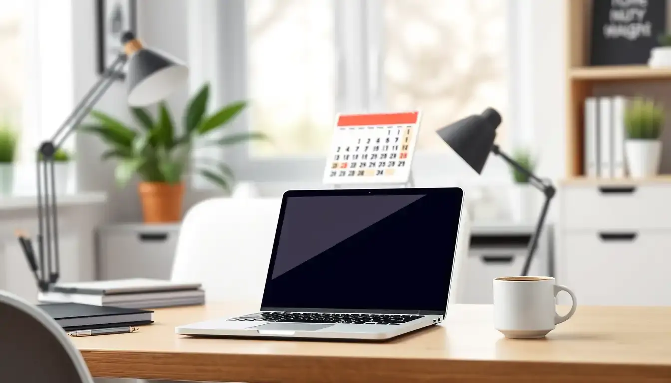 Moderner Schreibtisch mit Laptop und Kalender zur Berechnung Arbeitstage