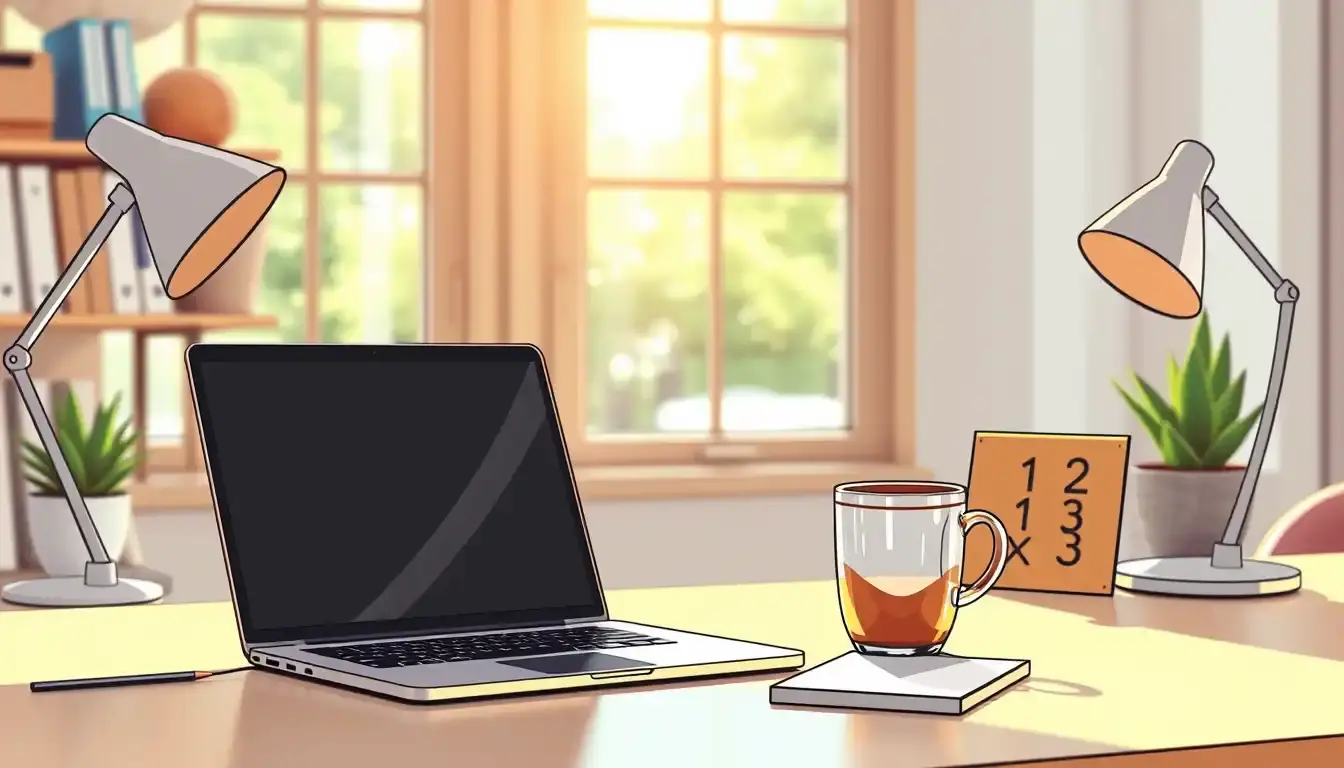 Moderner Schreibtisch mit Laptop und Kaffee zur Planung der Arbeitszeit