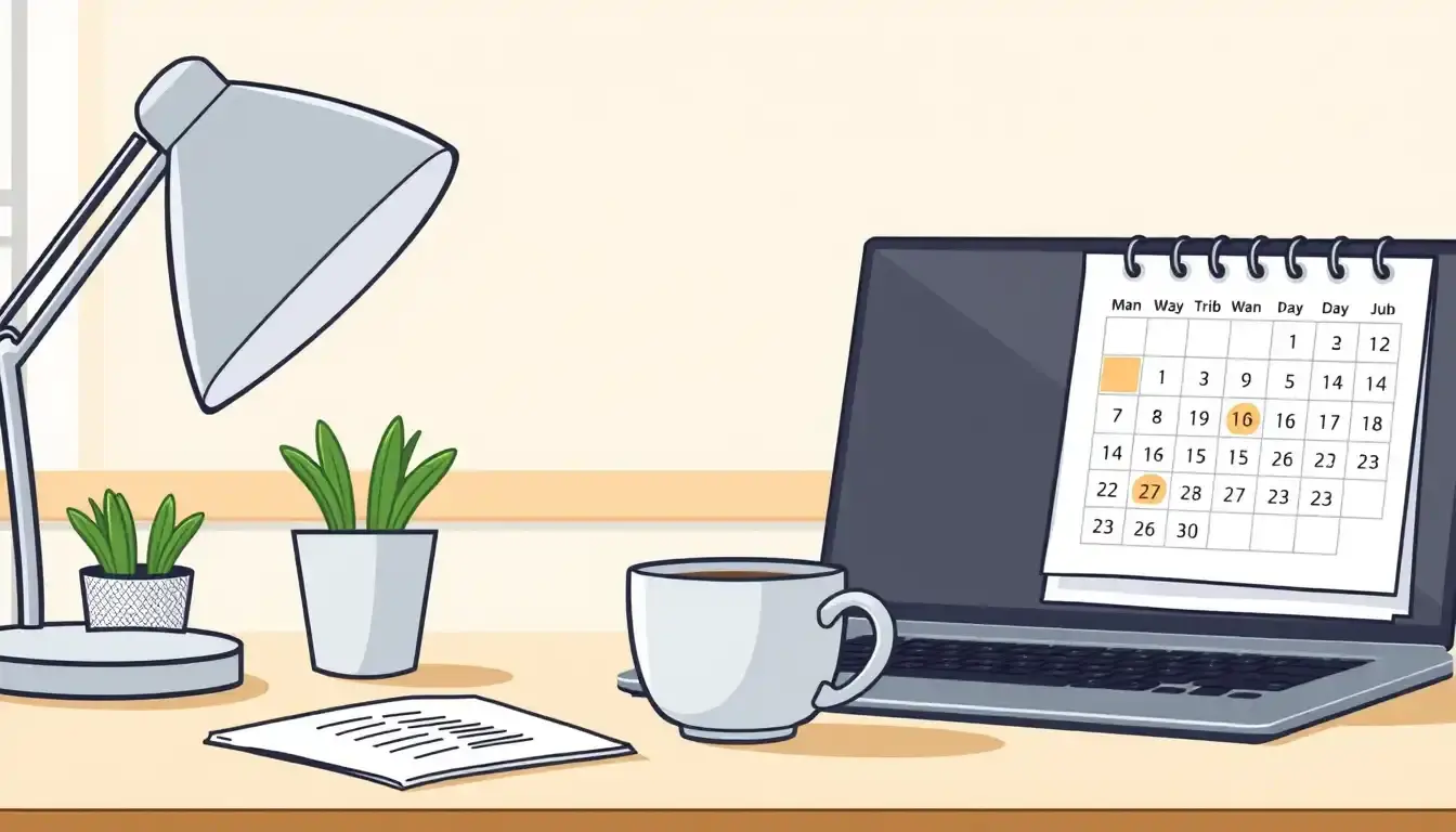 Moderner Arbeitsplatz mit Laptop und Kalender zur Berechnung der Arbeitstage