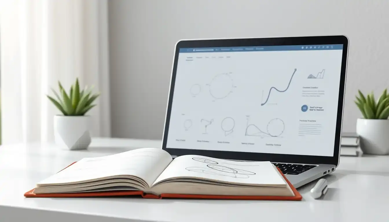 Notizbuch mit Kreisdiagrammen neben einem Laptop mit Geometrie-Software