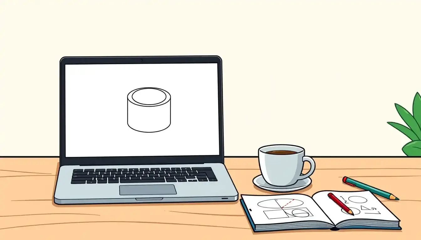 Moderner Arbeitsplatz mit Laptop und geometrischer Skizze zur Berechnung eines Zylinders