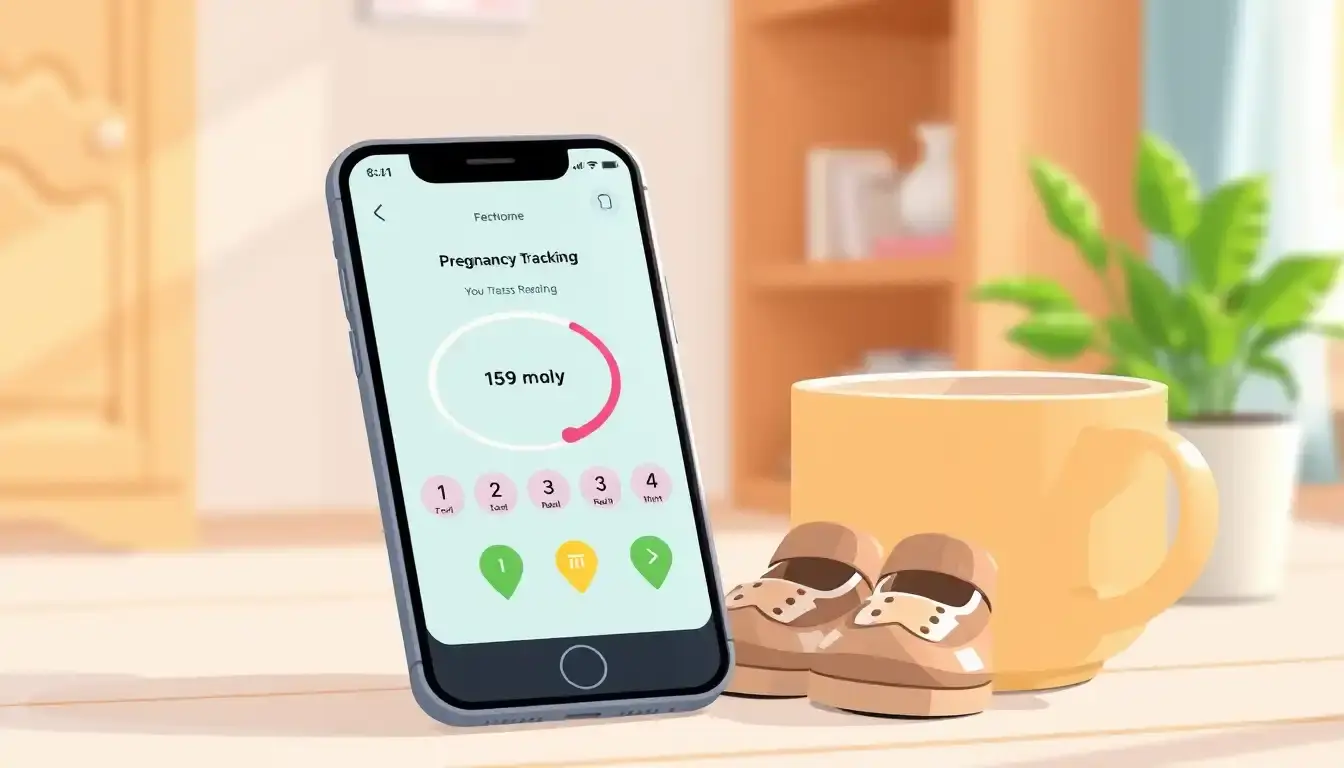 Smartphone mit Schwangerschaftskalender neben Babyschuhen für die Berechnung Entbindungstermin.