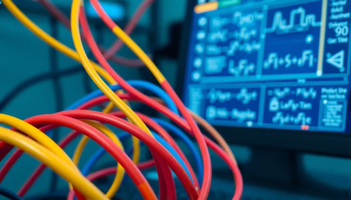 Bunte elektrische Kupferkabel vor einem Hintergrund mit physikalischen Formeln zur Berechnung Kabelquerschnitt